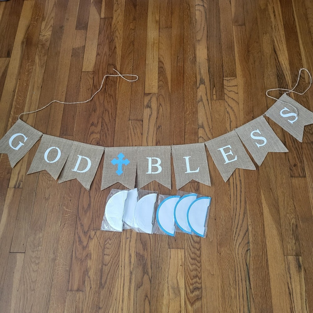 God Bless Blue Cross Burlap Banner Christening Baptism Confirmation Religious...
